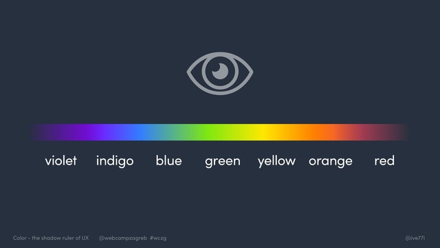 @ive77i
Color - the shadow ruler of UX @webcampzagreb #wczg
violet indigo blue green yellow orange red
