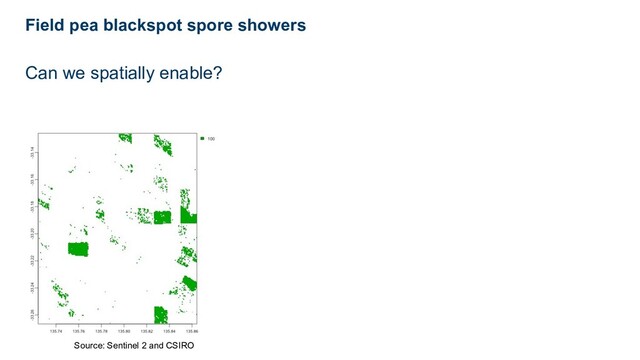 Can we spatially enable?
Field pea blackspot spore showers
Source: Sentinel 2 and CSIRO Melloy and Sparks (unpublished)
