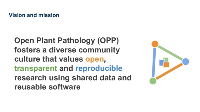 Open Plant Pathology (OPP)
fosters a diverse community
culture that values open,
transparent and reproducible
research using shared data and
reusable software
Vision and mission
