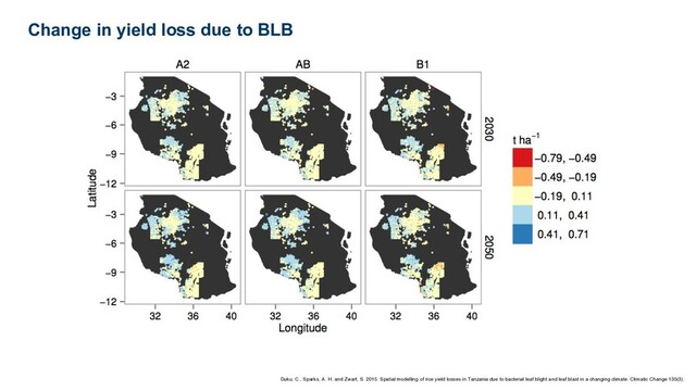 Duku, C., Sparks, A. H. and Zwart, S. 2015. Spatial modelling of rice yield losses in Tanzania due to bacterial leaf blight and leaf blast in a changing climate. Climatic Change 135(3).
Change in yield loss due to BLB
