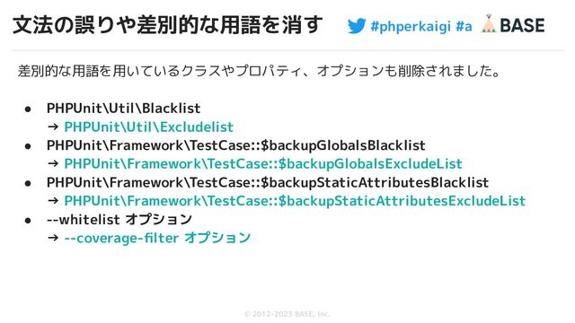 #phperkaigi #a
© 2012-2023 BASE, Inc.
文法の誤りや差別的な用語を消す
54
差別的な用語を用いているクラスやプロパティ、オプションも削除されました。
● PHPUnit\Util\Blacklist
→ PHPUnit\Util\Excludelist
● PHPUnit\Framework\TestCase::$backupGlobalsBlacklist
→ PHPUnit\Framework\TestCase::$backupGlobalsExcludeList
● PHPUnit\Framework\TestCase::$backupStaticAttributesBlacklist
→ PHPUnit\Framework\TestCase::$backupStaticAttributesExcludeList
● --whitelist オプション
→ --coverage-ﬁlter オプション
