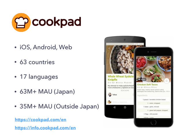 • iOS, Android, Web
• 63 countries
• 17 languages
• 63M+ MAU (Japan)
• 35M+ MAU (Outside Japan)
https://info.cookpad.com/en
https://cookpad.com/en
