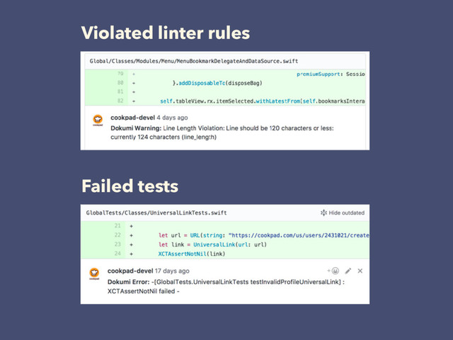 Violated linter rules
Failed tests
