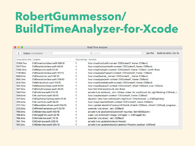 RobertGummesson/
BuildTimeAnalyzer-for-Xcode
