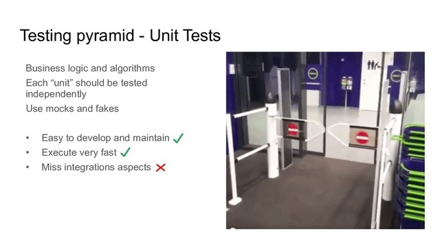 Testing pyramid - Unit Tests
Business logic and algorithms
Each “unit” should be tested
independently
Use mocks and fakes
• Easy to develop and maintain
• Execute very fast
• Miss integrations aspects
