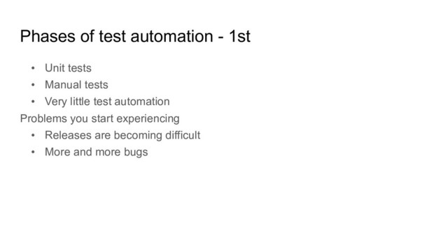 Phases of test automation - 1st
• Unit tests
• Manual tests
• Very little test automation
Problems you start experiencing
• Releases are becoming difficult
• More and more bugs
