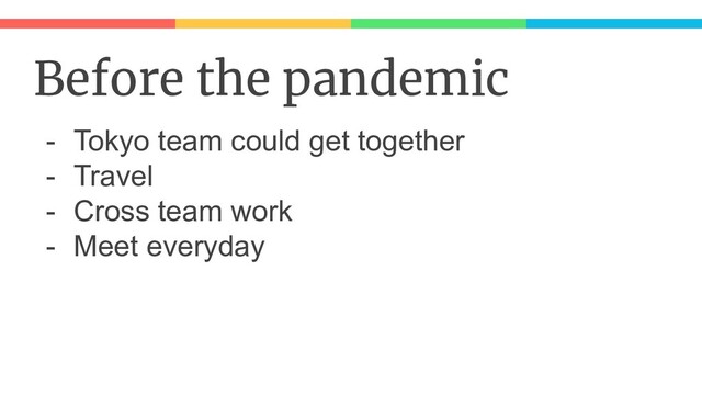 Before the pandemic
- Tokyo team could get together
- Travel
- Cross team work
- Meet everyday
