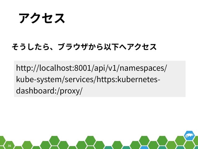 36
アクセス
そうしたら、ブラウザから以下へアクセス
http://localhost:8001/api/v1/namespaces/
kube-system/services/https:kubernetes-
dashboard:/proxy/

