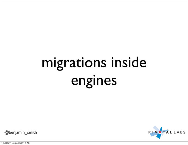 migrations inside
engines
@benjamin_smith
Thursday, September 12, 13
