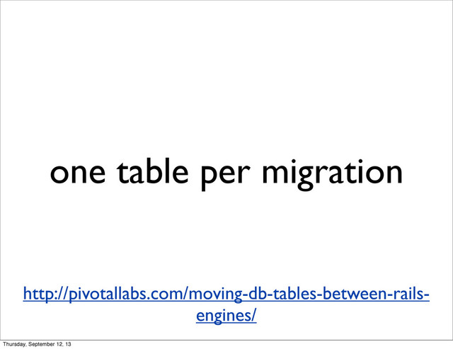 one table per migration
http://pivotallabs.com/moving-db-tables-between-rails-
engines/
Thursday, September 12, 13
