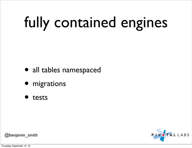fully contained engines
• all tables namespaced
• migrations
• tests
@benjamin_smith
Thursday, September 12, 13
