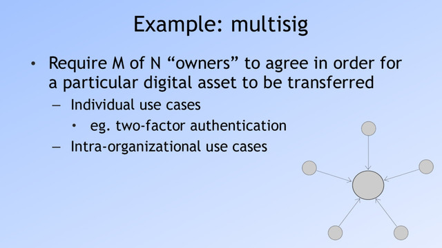Example: multisig
• Require M of N “owners” to agree in order for
a particular digital asset to be transferred
– Individual use cases
• eg. two-factor authentication
– Intra-organizational use cases
