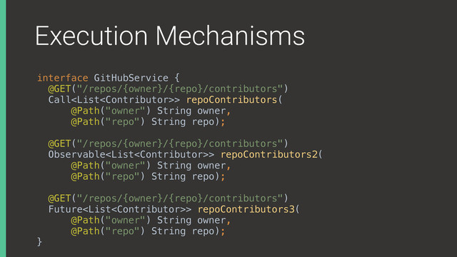 Execution Mechanisms
interface GitHubService { 
@GET("/repos/{owner}/{repo}/contributors") 
Call> repoContributors( 
@Path("owner") String owner, 
@Path("repo") String repo);
 
@GET("/repos/{owner}/{repo}/contributors") 
Observable> repoContributors2( 
@Path("owner") String owner, 
@Path("repo") String repo);
 
@GET("/repos/{owner}/{repo}/contributors") 
Future> repoContributors3( 
@Path("owner") String owner, 
@Path("repo") String repo); 
}X
