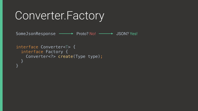 Converter.Factory
interface Converter {
interface Factory {
Converter> create(Type type);
}
}X
SomeJsonResponse Proto? No! JSON? Yes!
