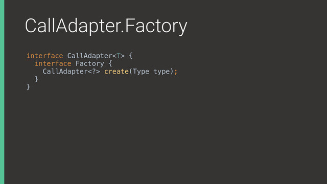 CallAdapter.Factory
interface CallAdapter {
interface Factory {
CallAdapter> create(Type type);
}X
}X

