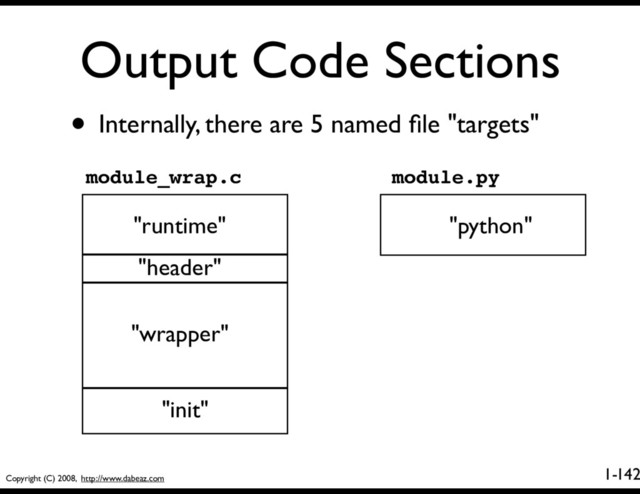 Copyright (C) 2008, http://www.dabeaz.com
1-
Output Code Sections
• Internally, there are 5 named ﬁle "targets"
142
"runtime"
"header"
"wrapper"
"init"
"python"
module_wrap.c module.py
