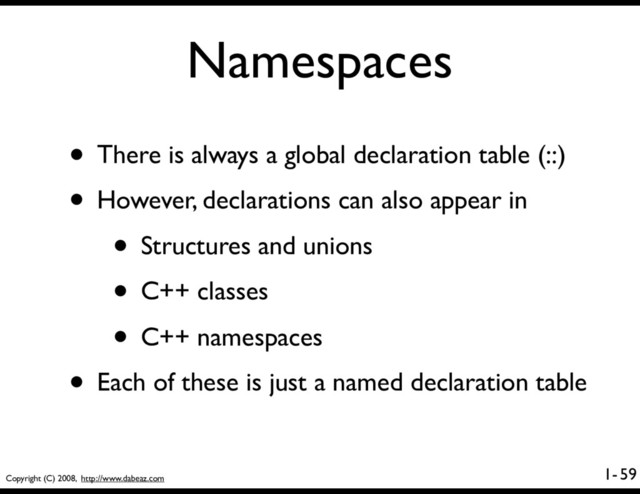 Copyright (C) 2008, http://www.dabeaz.com
1-
Namespaces
• There is always a global declaration table (::)
• However, declarations can also appear in
• Structures and unions
• C++ classes
• C++ namespaces
• Each of these is just a named declaration table
59
