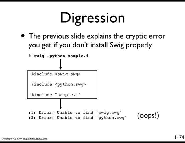 Copyright (C) 2008, http://www.dabeaz.com
1-
Digression
74
• The previous slide explains the cryptic error
you get if you don't install Swig properly
% swig -python sample.i
%include 
%include 
%include "sample.i"
:1: Error: Unable to find 'swig.swg'
:3: Error: Unable to find 'python.swg'
(oops!)
