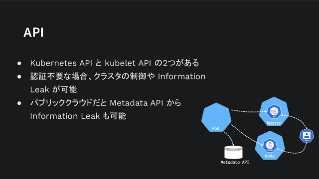 API
● Kubernetes API と kubelet API の2つがある
● 認証不要な場合、クラスタの制御や Information
Leak が可能
● パブリッククラウドだと Metadata API から
Information Leak も可能
