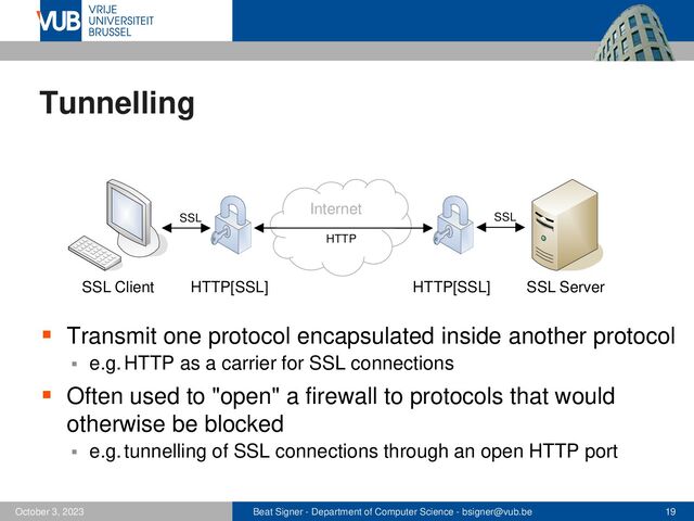 Beat Signer - Department of Computer Science - bsigner@vub.be 19
October 3, 2023
Tunnelling
▪ Transmit one protocol encapsulated inside another protocol
▪ e.g. HTTP as a carrier for SSL connections
▪ Often used to "open" a firewall to protocols that would
otherwise be blocked
▪ e.g. tunnelling of SSL connections through an open HTTP port
Internet
SSL Client SSL Server
SSL
HTTP
SSL
HTTP[SSL] HTTP[SSL]
