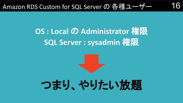 16
Amazon RDS Custom for SQL Server の 各種ユーザー
OS : Local の Administrator 権限
SQL Server : sysadmin 権限
つまり、やりたい放題
