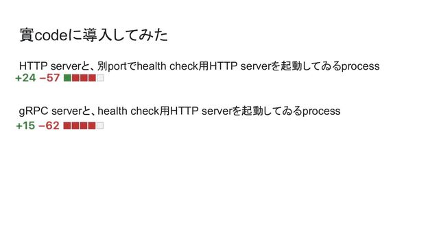 實codeに導入してみた
HTTP serverと、別portでhealth check用HTTP serverを起動してゐるprocess
gRPC serverと、health check用HTTP serverを起動してゐるprocess
