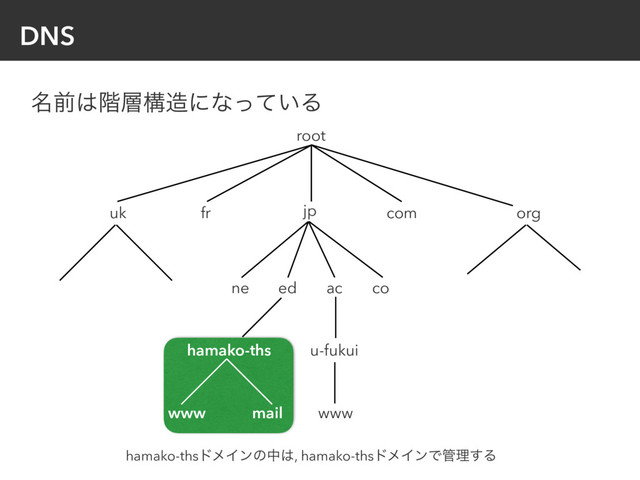 DNS
root
jp
ed ac co
ne
u-fukui
www
com
fr
uk org
໊લ͸֊૚ߏ଄ʹͳ͍ͬͯΔ
hamako-ths
www mail
hamako-thsυϝΠϯͷத͸, hamako-thsυϝΠϯͰ؅ཧ͢Δ
