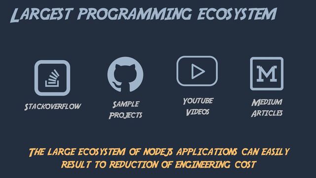 Largest programming ecosystem
The large ecosystem of nodejs applications can easily
result to reduction of engineering cost
Stackoverflow Sample
Projects
Youtube
Videos
Medium
Articles
