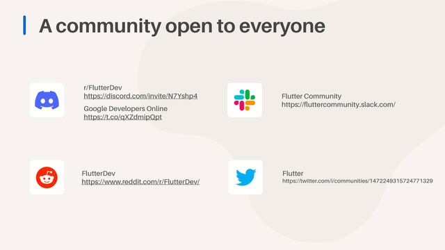 A community open to everyone
r/FlutterDev


https://discord.com/invite/N7Yshp4
Google Developers Online


https://t.co/qXZdmipQpt
FlutterDev


https://www.reddit.com/r/FlutterDev/
Flutter Community


https://
fl
uttercommunity.slack.com/
Flutter


https://twitter.com/i/communities/1472249315724771329
