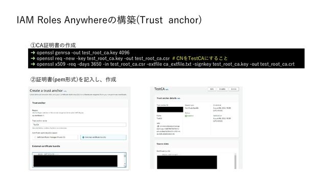 IAM Roles Anywhereの構築(Trust anchor)
➜ openssl genrsa -out test_root_ca.key 4096
➜ openssl req -new -key test_root_ca.key -out test_root_ca.csr # CNをTestCAにすること
➜ openssl x509 -req -days 3650 -in test_root_ca.csr -extfile ca_extfile.txt -signkey test_root_ca.key -out test_root_ca.crt
①CA証明書の作成
②証明書(pem形式)を記入し、作成

