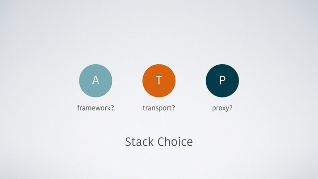 Stack Choice
framework? transport? proxy?
P
T
A

