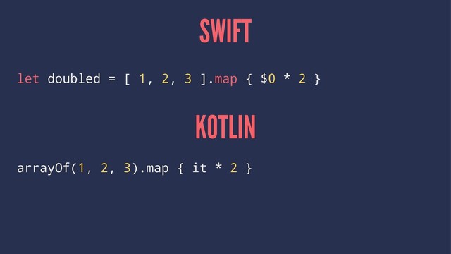 SWIFT
let doubled = [ 1, 2, 3 ].map { $0 * 2 }
KOTLIN
arrayOf(1, 2, 3).map { it * 2 }
