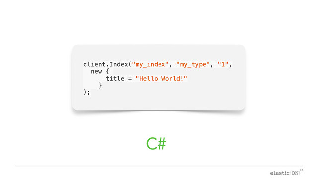 { }
client.Index("my_index", "my_type", "1",
new {
title = "Hello World!"
}
);
C#
