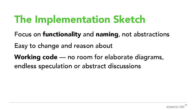 { }
The Implementation Sketch
Focus on functionality and naming, not abstractions
Easy to change and reason about
Working code — no room for elaborate diagrams,
endless speculation or abstract discussions
