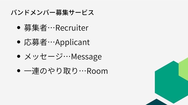募集者…Recruiter
バンドメンバー募集サービス
応募者…Applicant
メッセージ…Message
一連のやり取り…Room
