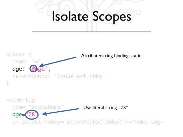 Isolate Scopes

scope: {
name: '=',
age: '@age',
selectHobby: '&onSelectHobby'
}
Attribute/string binding; static.
Use literal string "28"
