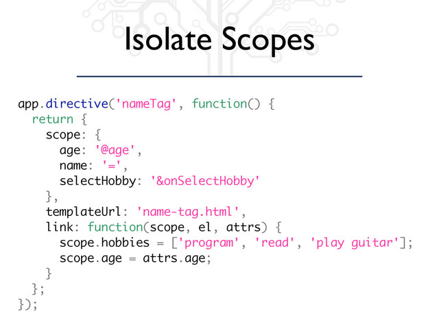 Isolate Scopes
app.directive('nameTag', function() {
return {
scope: {
age: '@age',
name: '=',
selectHobby: '&onSelectHobby'
},
templateUrl: 'name-tag.html',
link: function(scope, el, attrs) {
scope.hobbies = ['program', 'read', 'play guitar'];
scope.age = attrs.age;
}
};
});
