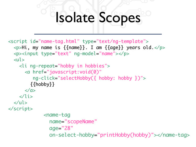 Isolate Scopes


<p>Hi, my name is {{name}}. I am {{age}} years old.</p>
<p><input type="text" ng-model="name"></p>
<ul>
<li ng-repeat="hobby in hobbies">
<a href="javascript:void(0)"
ng-click="selectHobby({ hobby: hobby })">
{{hobby}}
</a>
</li>
</ul>

