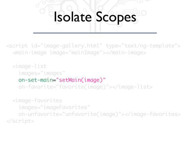 Isolate Scopes

<main-image image="mainImage"></main-image>
<image-list
images="images"
on-set-main="setMain(image)"
on-favorite="favorite(image)"></image-list>
<image-favorites
images="imageFavorites"
on-unfavorite="unfavorite(image)"></image-favorites>

