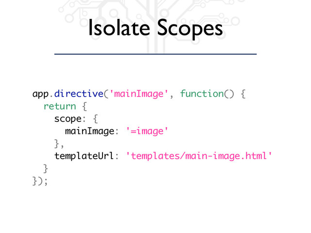 Isolate Scopes
app.directive('mainImage', function() {
return {
scope: {
mainImage: '=image'
},
templateUrl: 'templates/main-image.html'
}
});
