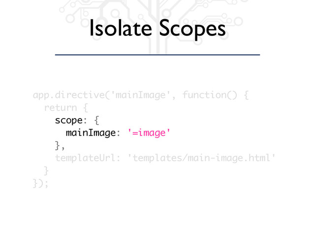 Isolate Scopes
app.directive('mainImage', function() {
return {
scope: {
mainImage: '=image'
},
templateUrl: 'templates/main-image.html'
}
});

