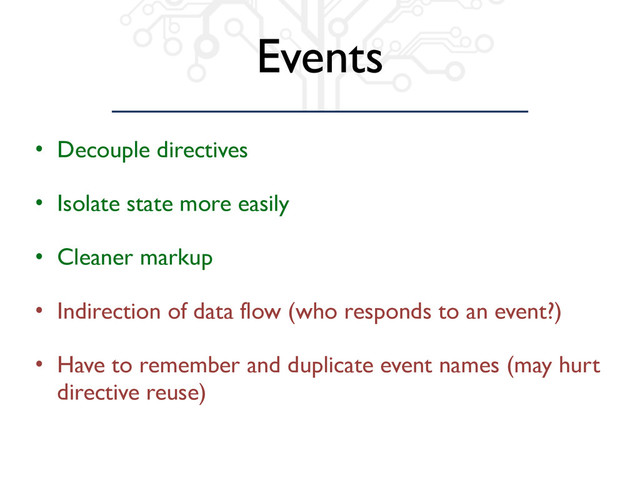 Events
• Decouple directives
• Isolate state more easily
• Cleaner markup
• Indirection of data flow (who responds to an event?)
• Have to remember and duplicate event names (may hurt
directive reuse)
