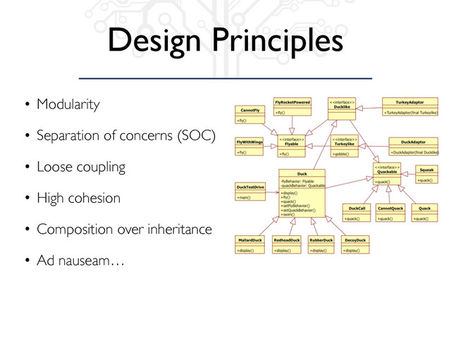 Design Principles
• Modularity
• Separation of concerns (SOC)
• Loose coupling
• High cohesion
• Composition over inheritance
• Ad nauseam…
