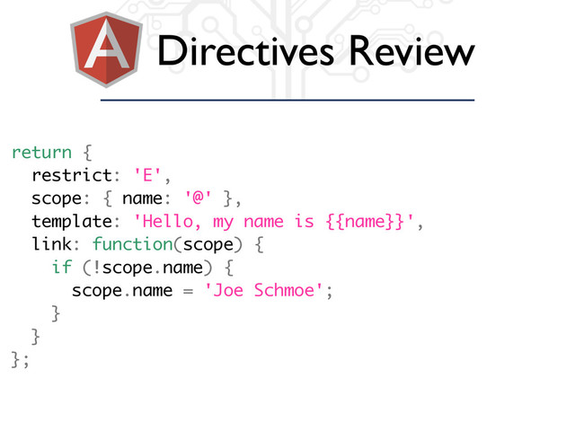 Directives Review
return {
restrict: 'E',
scope: { name: '@' },
template: 'Hello, my name is {{name}}',
link: function(scope) {
if (!scope.name) {
scope.name = 'Joe Schmoe';
}
}
};
