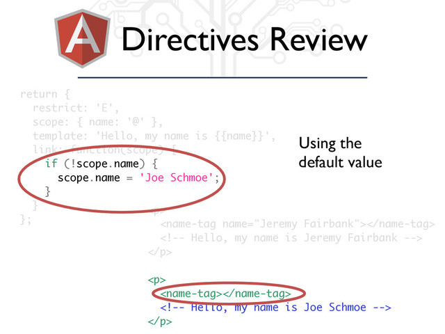 return {
restrict: 'E',
scope: { name: '@' },
template: 'Hello, my name is {{name}}',
link: function(scope) {
if (!scope.name) {
scope.name = 'Joe Schmoe';
}
}
};
<p>


</p>
<p>


</p>
Directives Review
Using the
default value
