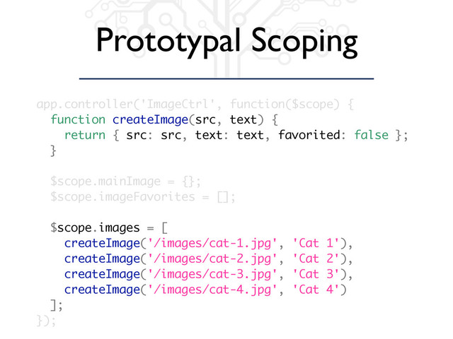 Prototypal Scoping
app.controller('ImageCtrl', function($scope) {
function createImage(src, text) {
return { src: src, text: text, favorited: false };
}
$scope.mainImage = {};
$scope.imageFavorites = [];
$scope.images = [
createImage('/images/cat-1.jpg', 'Cat 1'),
createImage('/images/cat-2.jpg', 'Cat 2'),
createImage('/images/cat-3.jpg', 'Cat 3'),
createImage('/images/cat-4.jpg', 'Cat 4')
];
});
