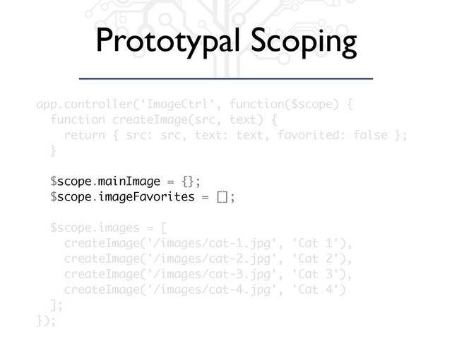 Prototypal Scoping
app.controller('ImageCtrl', function($scope) {
function createImage(src, text) {
return { src: src, text: text, favorited: false };
}
$scope.mainImage = {};
$scope.imageFavorites = [];
$scope.images = [
createImage('/images/cat-1.jpg', 'Cat 1'),
createImage('/images/cat-2.jpg', 'Cat 2'),
createImage('/images/cat-3.jpg', 'Cat 3'),
createImage('/images/cat-4.jpg', 'Cat 4')
];
});
