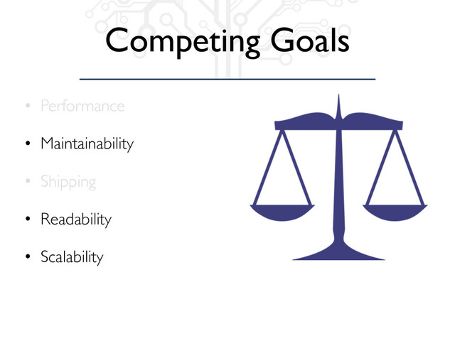Competing Goals
• Performance
• Maintainability
• Shipping
• Readability
• Scalability
