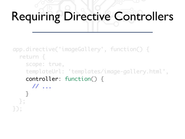 Requiring Directive Controllers
app.directive('imageGallery', function() {
return {
scope: true,
templateUrl: 'templates/image-gallery.html',
controller: function() {
// ...
}
};
});
