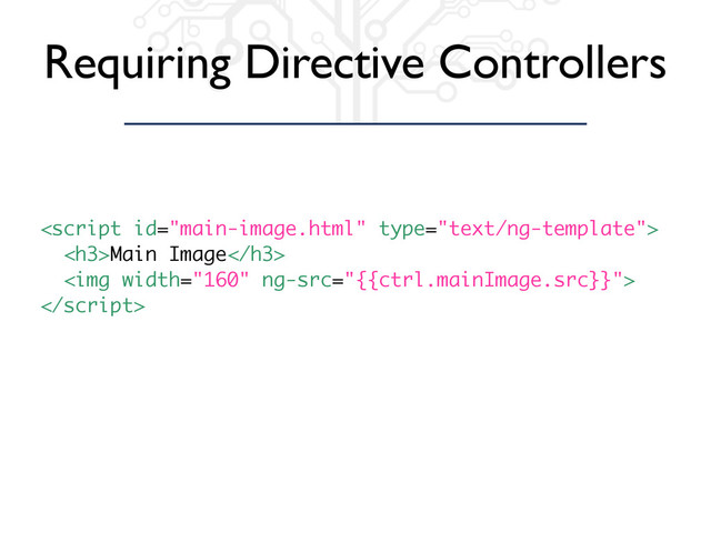 Requiring Directive Controllers

<h3>Main Image</h3>
<img width="160" ng-src="{{ctrl.mainImage.src}}">

